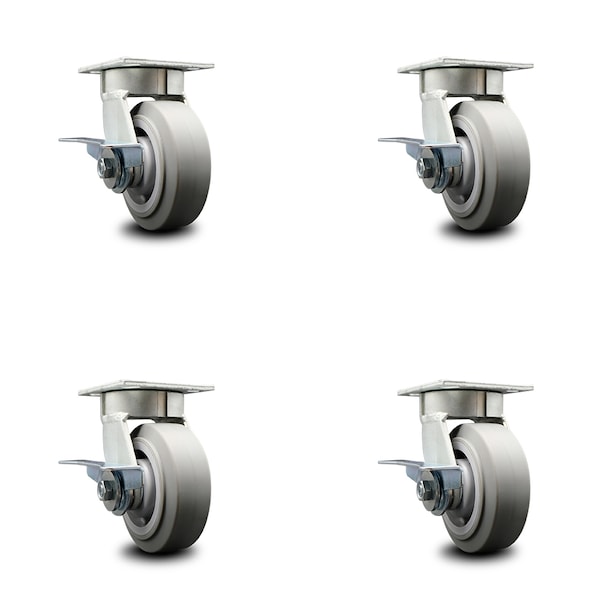 5 Inch Kingpinless Thermoplastic Rubber Wheel Swivel Caster Set with Brakes SCC